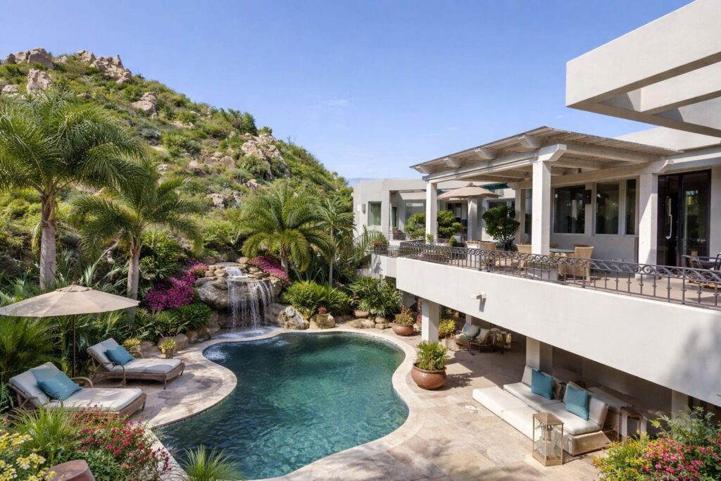Cabo San Lucas Pedregal Csl Tucked into the lush mountains of Pedregal, this residence offers rare privacy, land value, and untapped potential. Its standout feature is the expansive green zone beside the pool--a true rarity in Pedregal, where landscaping and usable outdoor space significantly elevate long-term value. This alone positions the property as a compelling investment. The home includes four bedrooms with lock-out closets, two separate entrances, a chef's kitchen with GE Monogram appliances and an aqua granite island, plus essentials like a generator and storm shutters. Ocean, hillside, and lush garden for sale